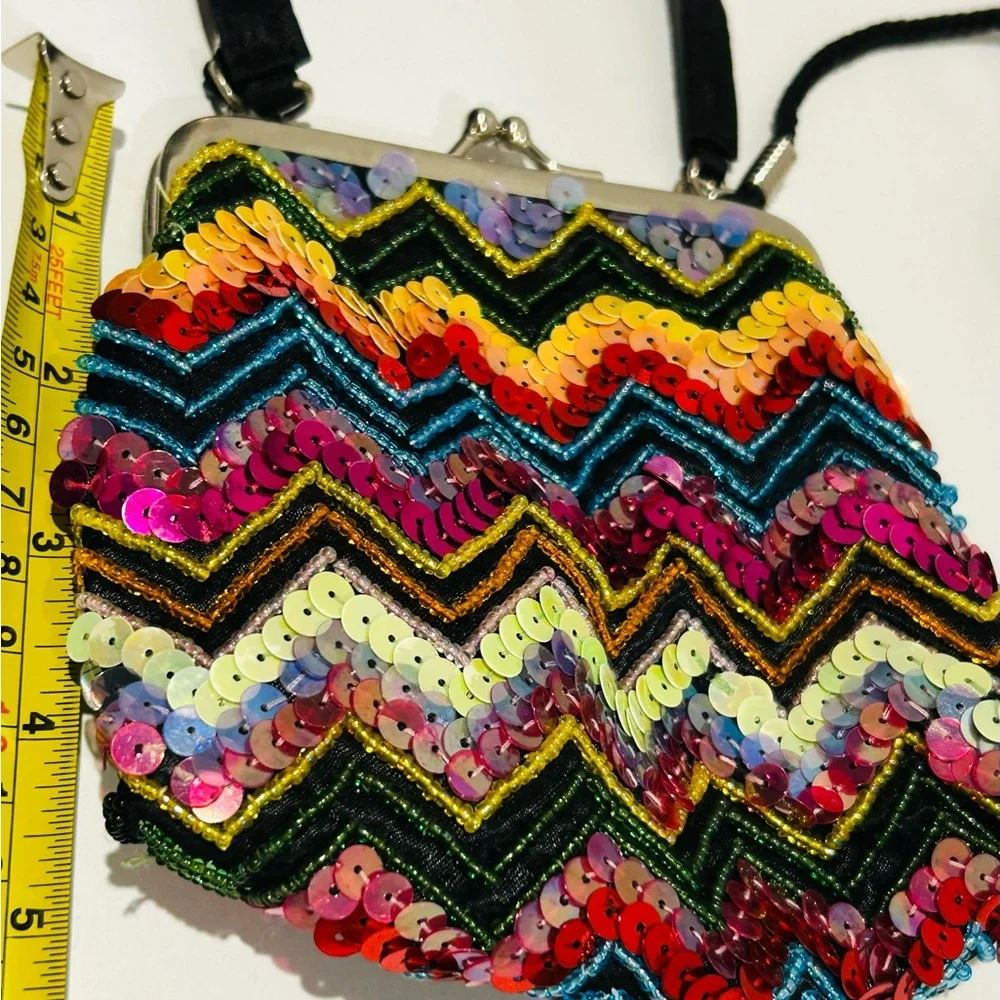 Vintage Rainbow Whimsical Beaded Sequin Crossbody Clutch Kiss Lock Purse